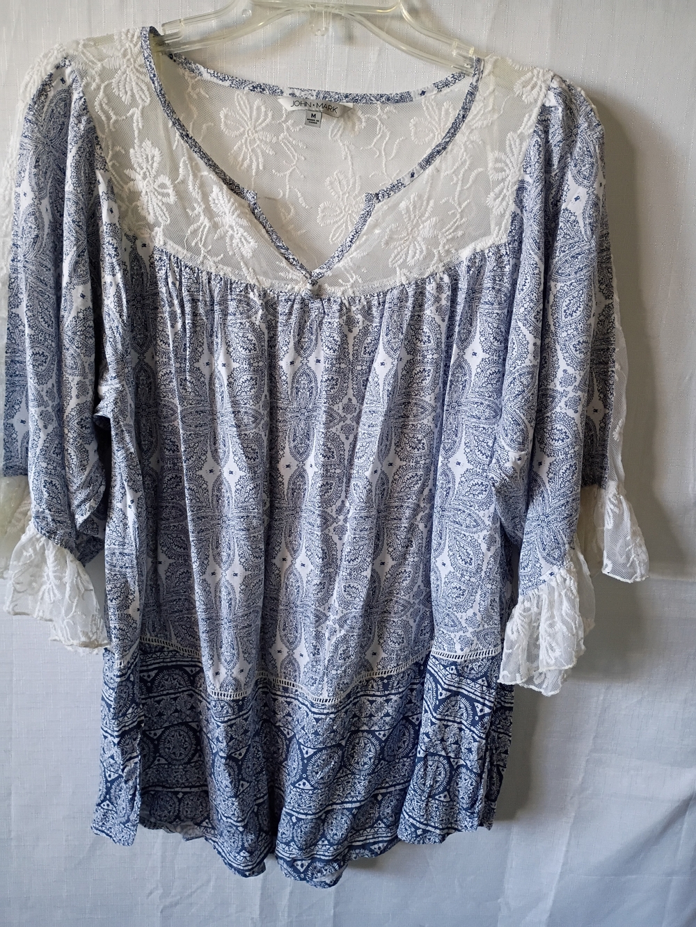 John Mark Women's Boho Lace Yoke Blue Paisley Women's Top Size M